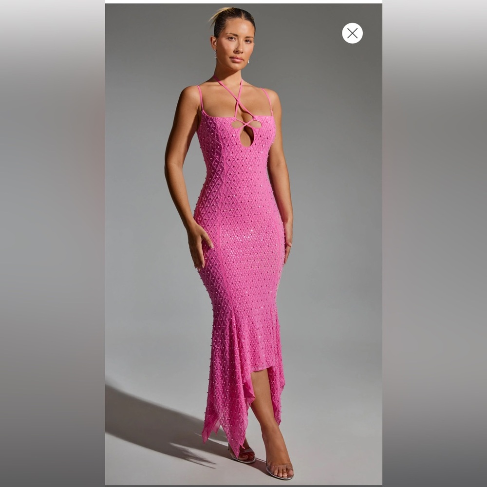 Oh Polly Josephine Embellished Cut-Out Asymmetric Midaxi Dress